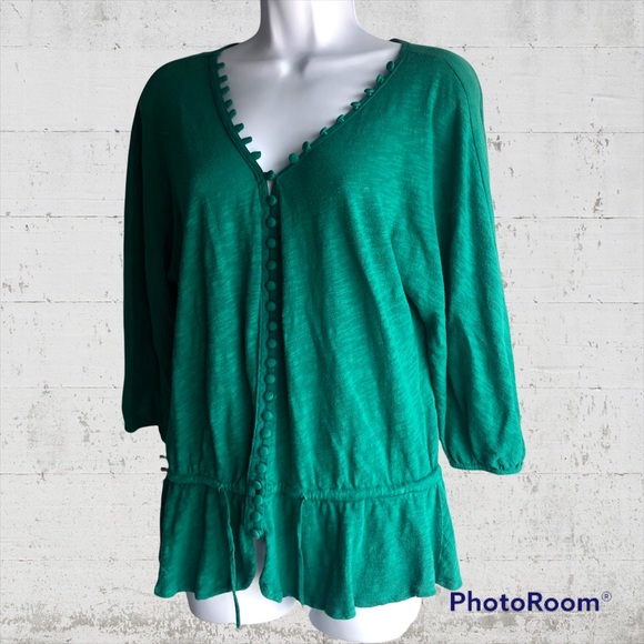 Anthropologie Deletta Emerald Green Button Up Cinch Drawstring Waist Top Medium - Picture 7 of 9